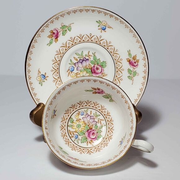 Royal Chelsea Teacup and Saucer Pink Yellow Purple Flowers Bone China Vintage - Picture 8 of 10